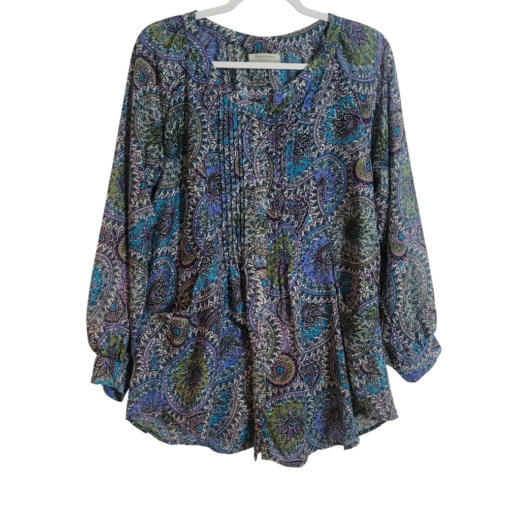 World Market Women Paisley Pintuck Peasant Blouse Blue Purple L/XL Colorful Boho